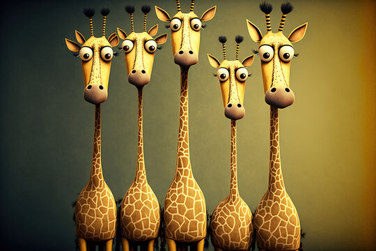 a group of six adorable giraffes. Cartoon illustration. Generative AI