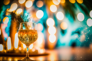 glass of champagne on the table with scenic mood lights in the background, party, celebration or anniversary, Generative AI