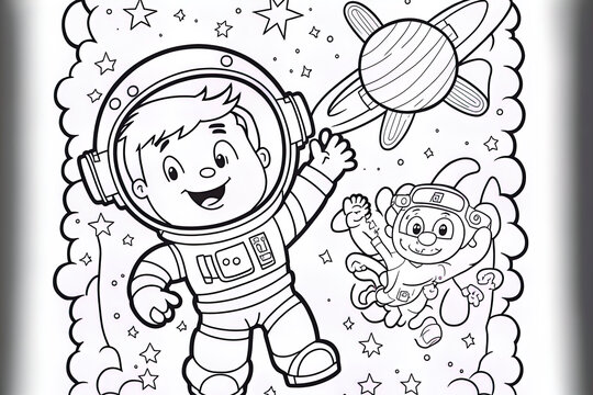 Coloring sheet for kids with a cartoon astronaut and an image of space. Generative AI