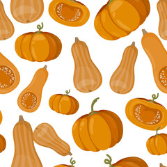 Vector seamless pattern with many cute pumpkins. Whole and half cut vegetables. Decorative art element for Thanksgiving, Halloween celebration layout design. Bright big orange fruit. Harvest festival.