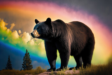 Black bear amid a rainbow colored cloud. Generative AI - obrazy, fototapety, plakaty