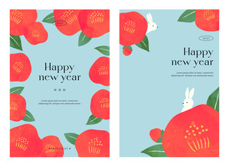 2023 Happy new year card. Rabbit and camellia. Red Japanese camellia background. Watercolor style. Cover, poster, flyer, banner. Modern art design. Hand drawn. Trendy Flat vector illustration. - obrazy, fototapety, plakaty