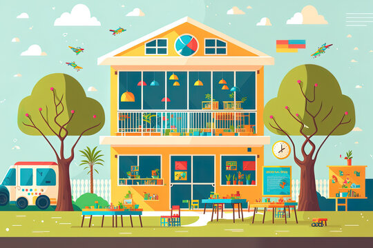 Interior and exterior of a kindergarten facility. Classroom, eating area, play area, gym, and hall. Front image of preschool facility against landscape backdrop. a kindergarten. Flat style artw