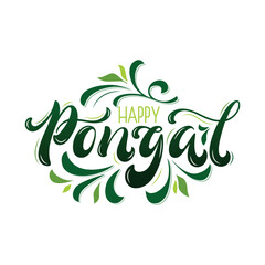 Obraz premium Happy Pongal Holiday Harvest Festival of Tamil Nadu South India. Hand lettering typography, modern brush ink calligraphy. Vector illustration for greeting card, poster, banner, social media post