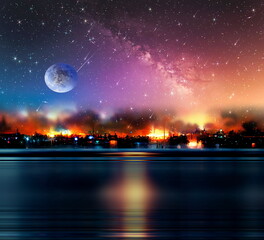 Sunset  at night ,starry sky nebula and big moon on sea on horizon city light blurred light ai generated