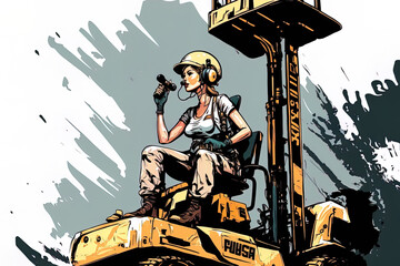 Female foreman staying atop the lifting forklift while controlling it with a walkie talkie forklift idea for transportation, logistics, and safety. White helmet. Generative AI