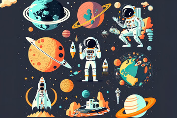 flat graphic set of space. astronaut, space shuttle, saturn, and satellite isolated colorful comic components set. logo creation and overall universe idea. Generative AI