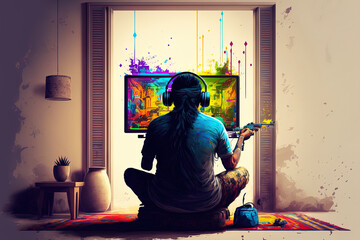 Fototapeta premium Indian gamer at home playing a shooter. Generative AI
