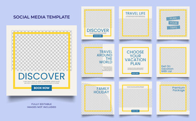 social media template banner travel and vacation service promotion. fully editable instagram and facebook square post frame puzzle organic sale poster