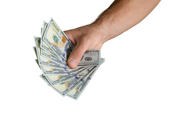 Hand holding hundred dollar bills on a white background.