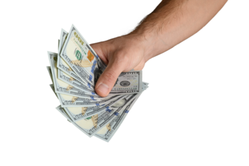 Hand holding hundred dollar bills on a white background.