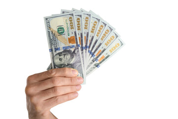 Hand holding hundred dollar bills on a white background.