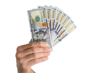 Hand holding hundred dollar bills on a white background.
