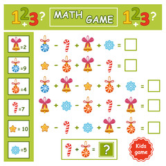 Math Christmas education children game. How many count New Year tree toy. Kids logical puzzle, mathematics learning task. Arithmetic addition number holiday balls, bell, candy, snowflake, star. Vector