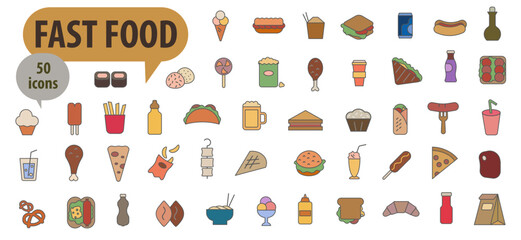 A set of fast food icons, flat design on a white background, vector illustration.