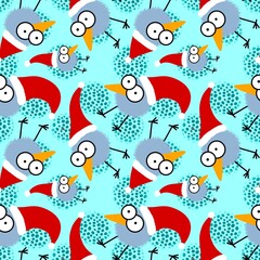 Cartoon Christmas funny animals seamless birds and Santa hat pattern for new year packaging and kids clothes