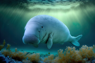 Near the ocean's surface, a calm dugong. cute marine creature unusual marine mammal (Dugong dugon). Generative AI
