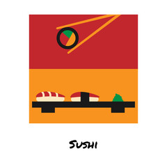 Poster or banner of an Asian dish. Sushi in the style of flat. Vector illustration of Asian food