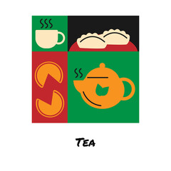 Poster or banner of an Asian dish. Cookies and green tea in the flat style. Vector illustration of Asian food