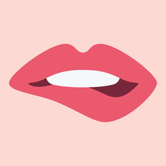 Biting Lip vector icon. Isolated mouth with the top teeth biting down on one side of the lower lip. 