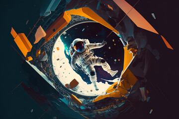 abstract predicament in a flat space composition Satellites, space stations, and planets are all around astronauts as they experience weightlessness in space. Generative AI