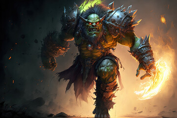 vicious Orc Brazen brute charging into battle with a flail and conventional armor. Character with a fantasy motif. Generative AI