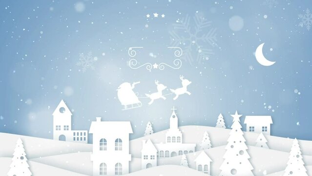 Christmas cartoon animation with santa claus, christmas tree and snowflakes background
