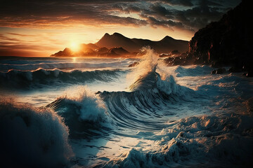 ai generated illustration of a seascape during sunset with waves at a rocky coast