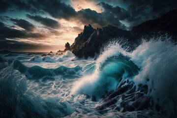 ai generated illustration of a seascape during sunset with waves at a rocky coast - obrazy, fototapety, plakaty