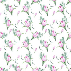 Seamless pattern, delicate pink tulips and green leaves on a white background