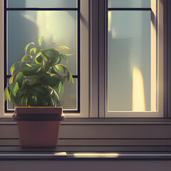 朝の光景,窓辺に置かれた植物, Generative, AI
