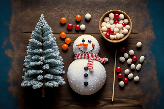 Christmas festival decorations in a top view studio image. Smiley faced snowman on a wooden table with a miniature mock up tree, pine seeds, cherry fruit, and candy cane sticks. Generative AI