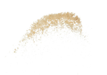 Brown Sugar flying explosion, brown grain sugar explode abstract cloud fly. Beautiful complete seed sugarcane splash in air, food object design. Selective focus freeze shot white background isolated - obrazy, fototapety, plakaty
