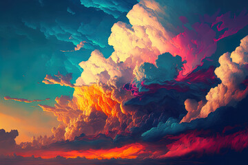 colorful clouds in a cloudscape at sunset close to the ocean. Generative AI