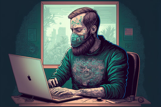 adult bearded man working sitting at a home desk at computer selfisolation during quarantine work. Generative AI