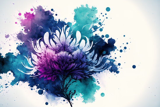 High resolution free image of an abstract floral motif in blue and purple watercolor. Generative AI