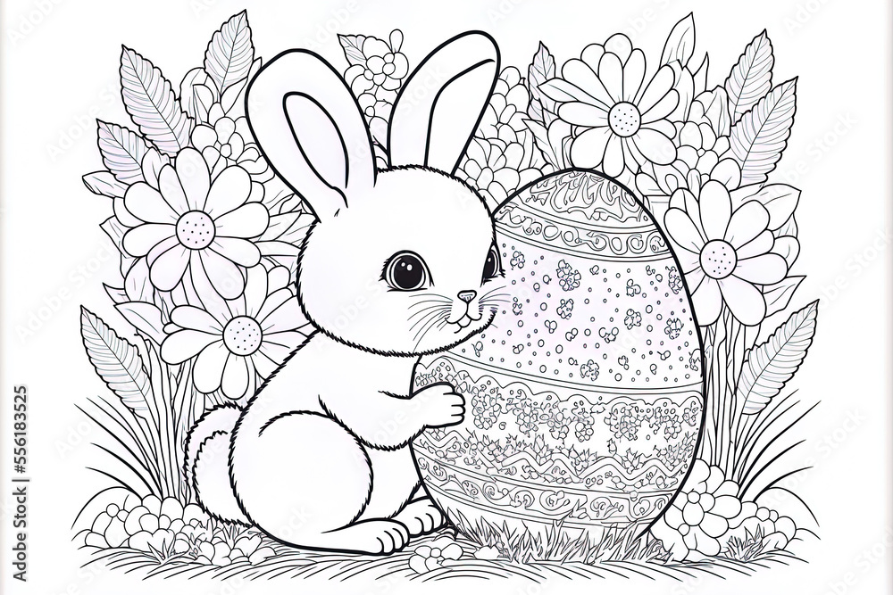 Wall mural coloring sheet of a rabbit clutching a happy easter egg for kids. generative ai