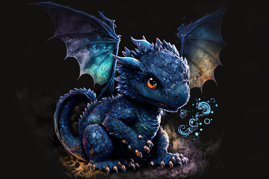 Cartoon of a cute dark blue baby dragon. Generative AI