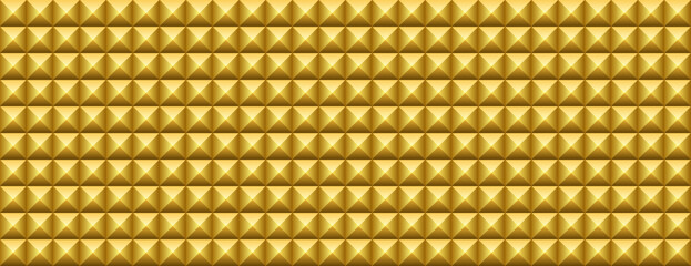 Vector gold pyramid seamless pattern. Yellow square shape wall texture. Golden 3d triangle background. Modern soundproof foam panel, top view. Podcast blogger studio interior decor. Golden diamond - obrazy, fototapety, plakaty