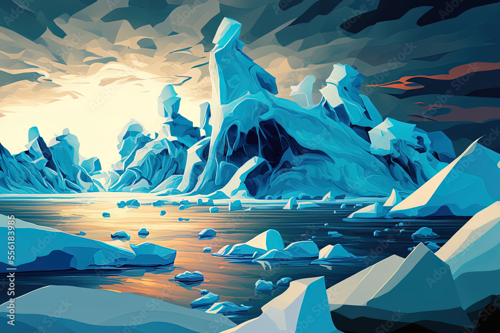 Wall mural arctic ice landscape in wintertime in a cartoon. generative ai