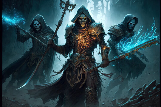 Sword wielding death knights in combat. ghosts, skeletons, and spirits that are thirsty. Generative AI