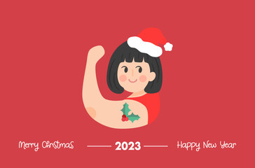 Beautiful lively Merry Christmas card vector, red Christmas background vector, cute Asian woman character, beautiful Christmas background, beautiful Asian girl wears Santa hat.