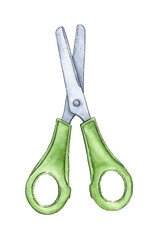 Watercolor illustration of green stationery scissors. Use for poster, print, postcard, template, pattern, shop, advertising, design, children's book. Isolated on white.
