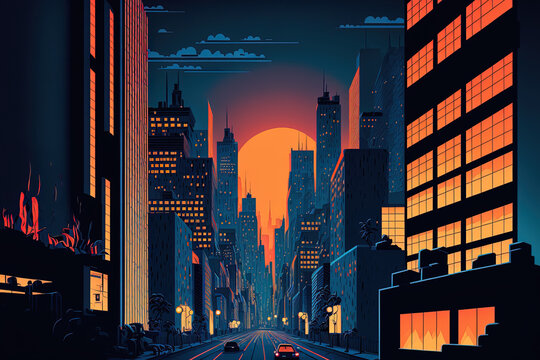 a cartoon illustration of a modern night metropolis. Generative AI