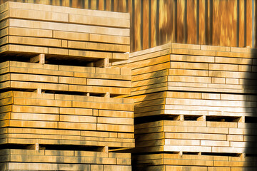 wooden boards stacked in the lumber yard of a sawmill. Generative AI