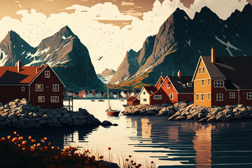 Backdrop of lofoten scenery in Norway. Illustration of a bay with houses. perfect for art prints, posters, and postcards. Generative AI - obrazy, fototapety, plakaty