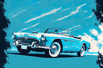 Illustration of a blue convertible on a blue backdrop. Generative AI