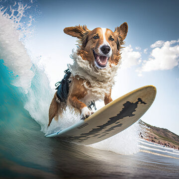 dog surfing on tropical beach wave, animal photography