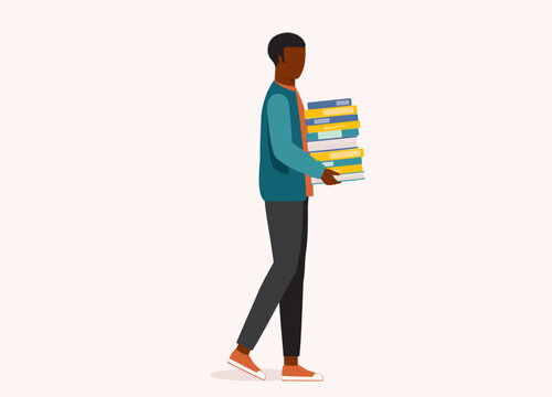 Side View Of A Young Black Man Carrying A Stack Of Variety Books. Full Length. Flat Design Style, Character, Cartoon.