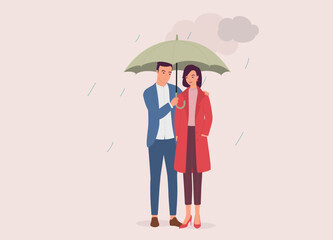 Smiling Young Couple With Umbrella On A Rainy Day With Dark Clouds. Full Length. Flat Design Style, Character, Cartoon.
